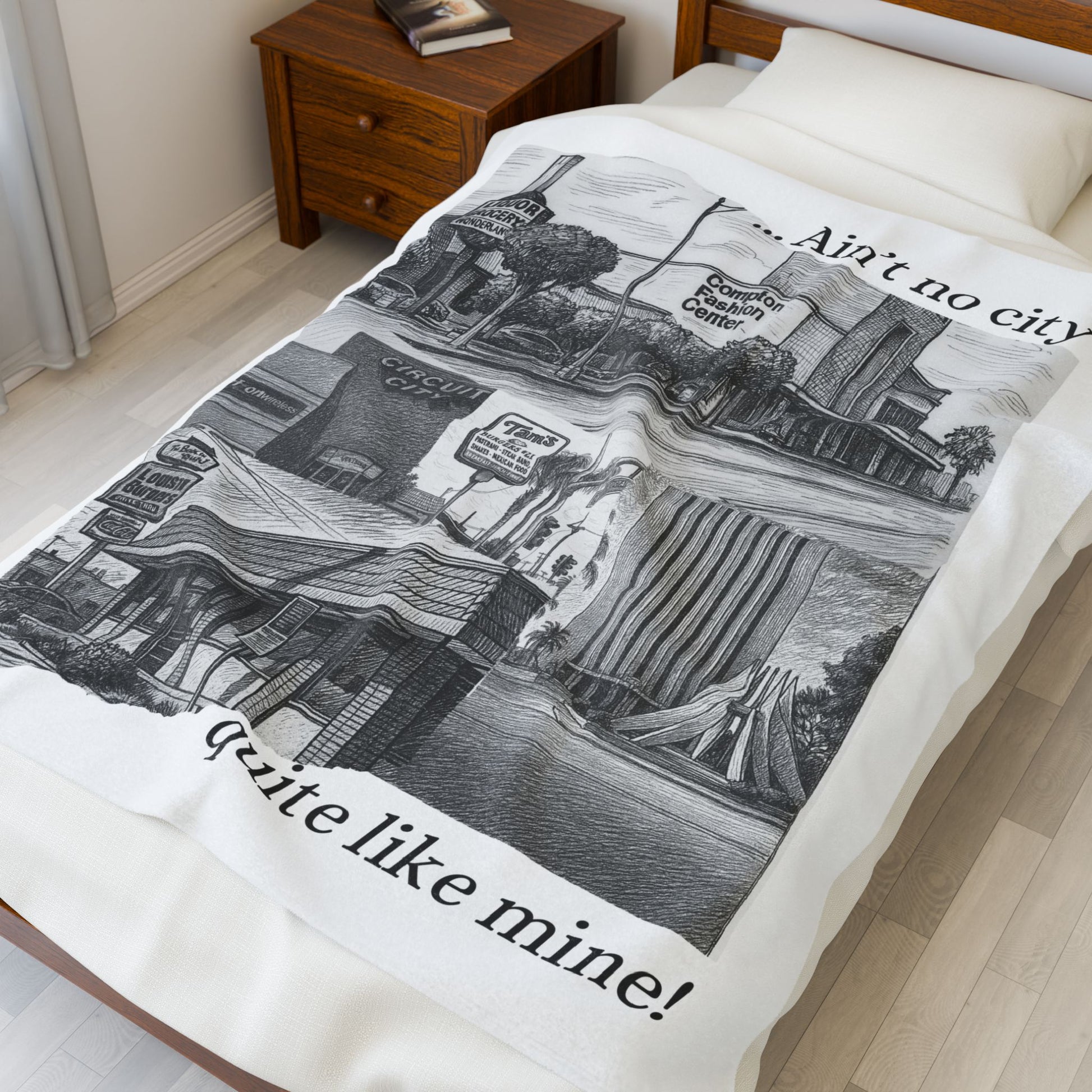 003 - Compton Nostalgia Velveteen Blanket - Cozy Cityscape Decor, Gift for Home, Blanket for Living Room, Art-Inspired Throw, Home Accent